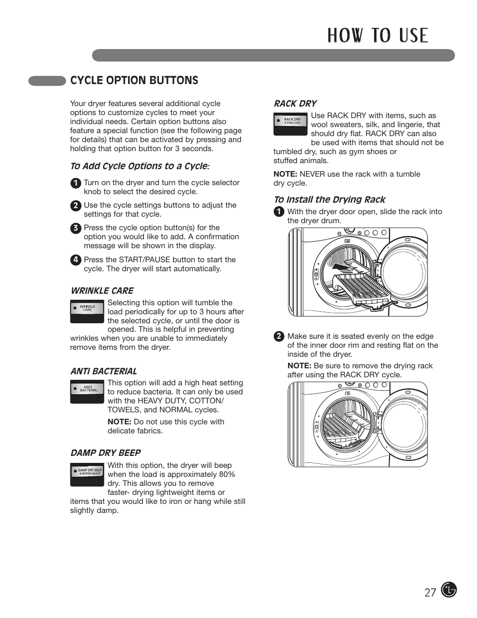 H o w to u s e, Cycle option buttons | LG D5966W User Manual | Page 27 / 80