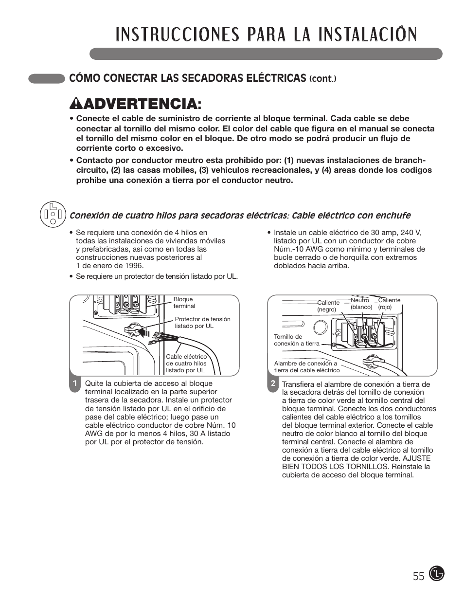 W advertencia, Cómo conectar las secadoras eléctricas | LG D5966W User Manual | Page 55 / 80