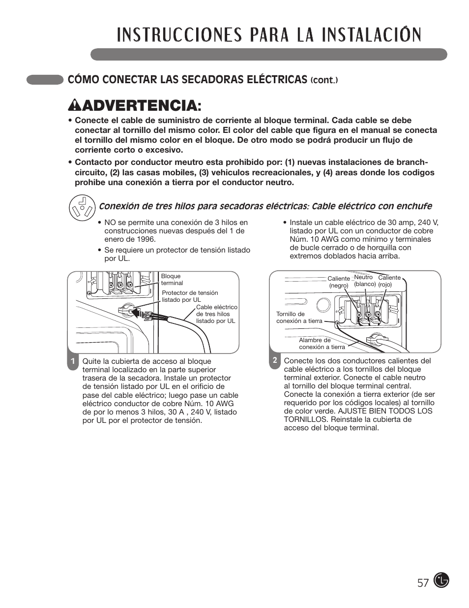 W advertencia, Cómo conectar las secadoras eléctricas | LG D5966W User Manual | Page 57 / 80