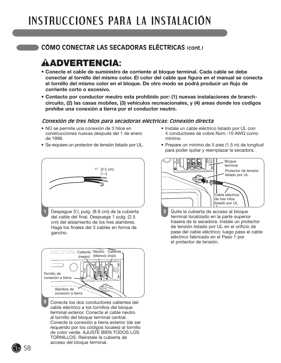 W advertencia, Cómo conectar las secadoras eléctricas | LG D5966W User Manual | Page 58 / 80