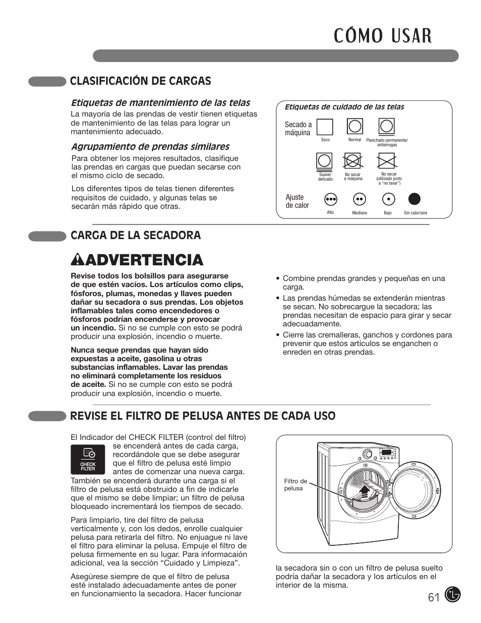 W advertencia, Carga de la secadora, Clasificación de cargas | Revise el filtro de pelusa antes de cada uso | LG D5966W User Manual | Page 61 / 80