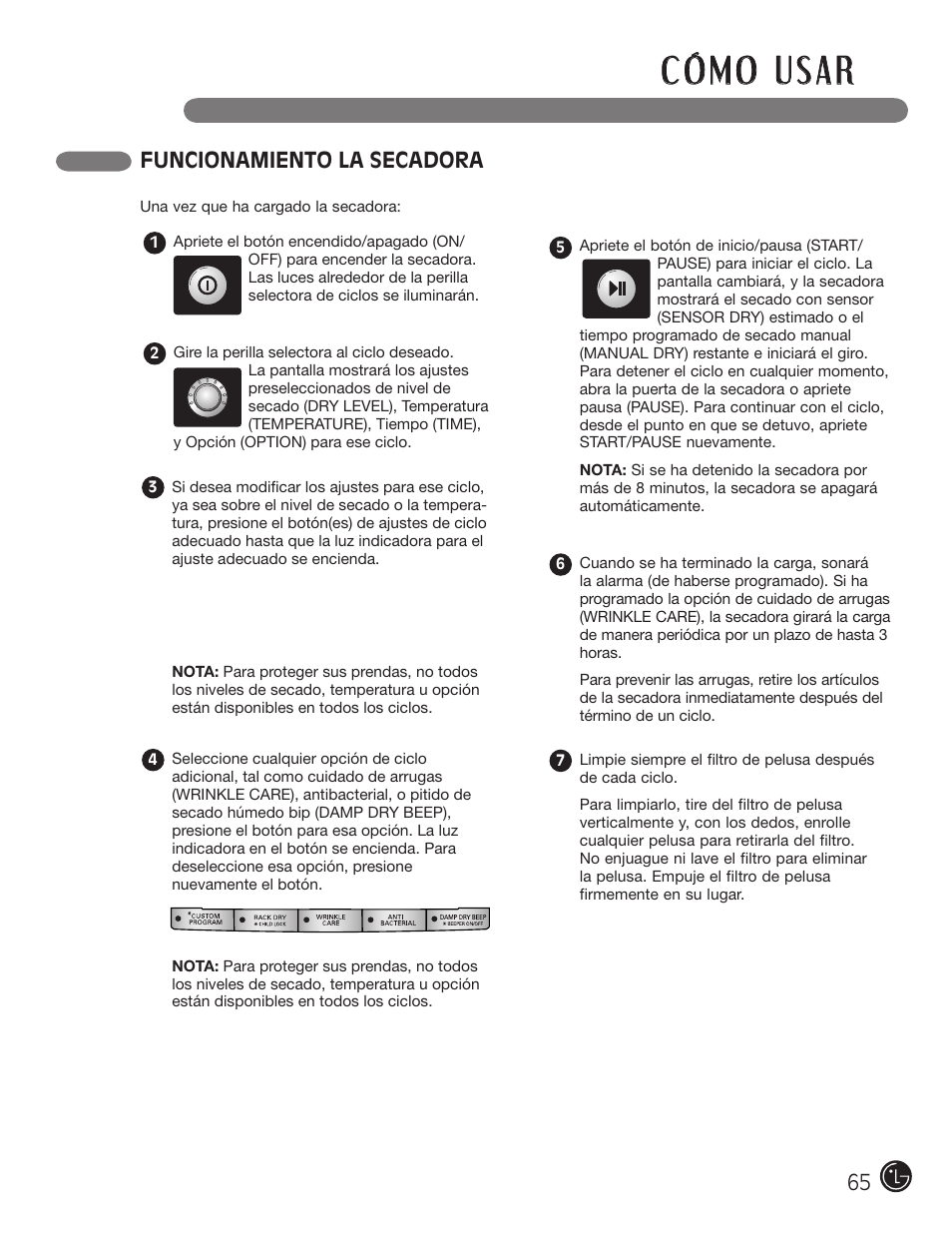 Funcionamiento la secadora | LG D5966W User Manual | Page 65 / 80