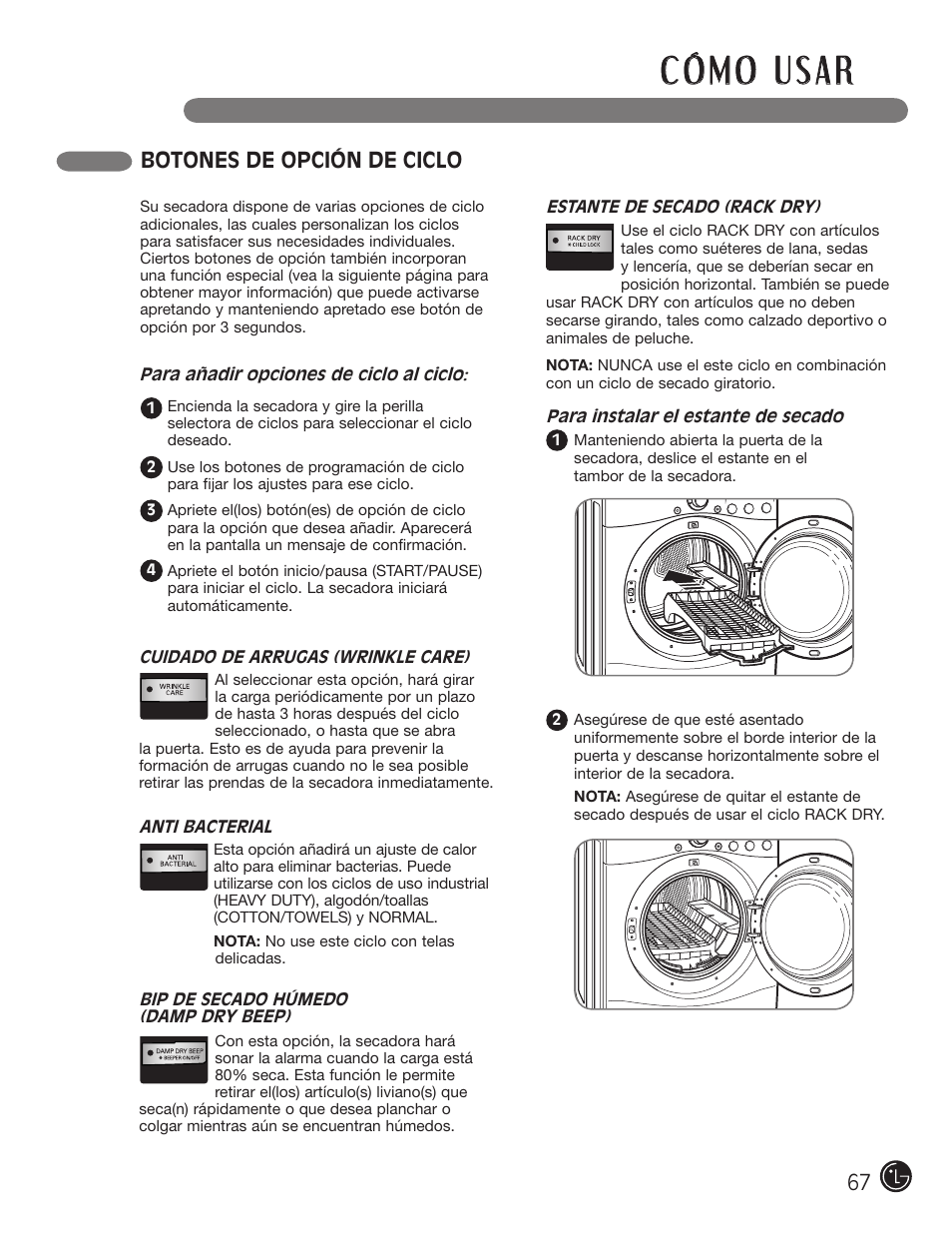 Botones de opción de ciclo | LG D5966W User Manual | Page 67 / 80