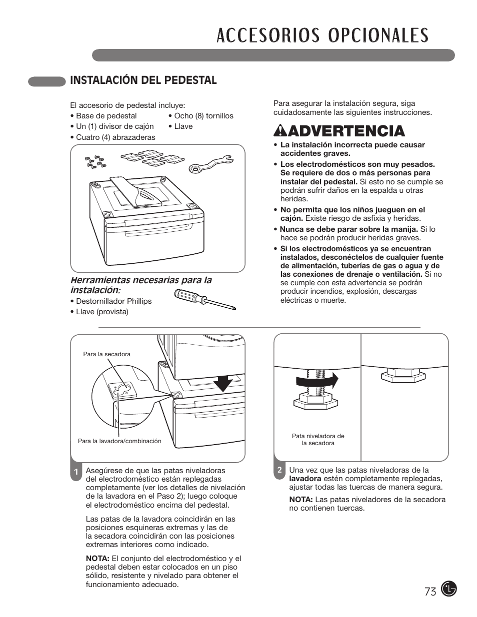 W advertencia, Instalación del pedestal | LG D5966W User Manual | Page 73 / 80