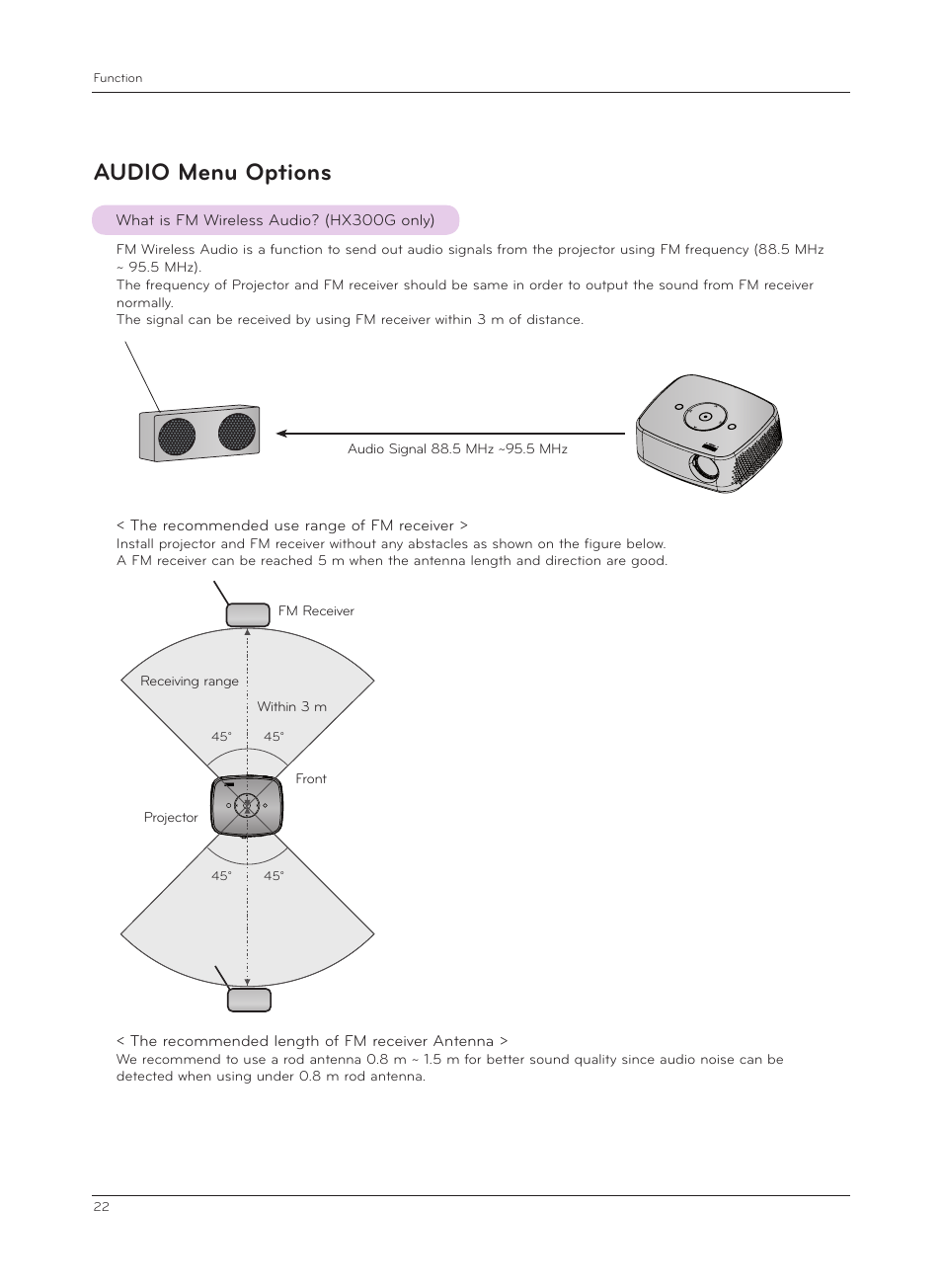 Audio menu options, What is fm wireless audio? (hx300g only) | LG HX301G User Manual | Page 22 / 44