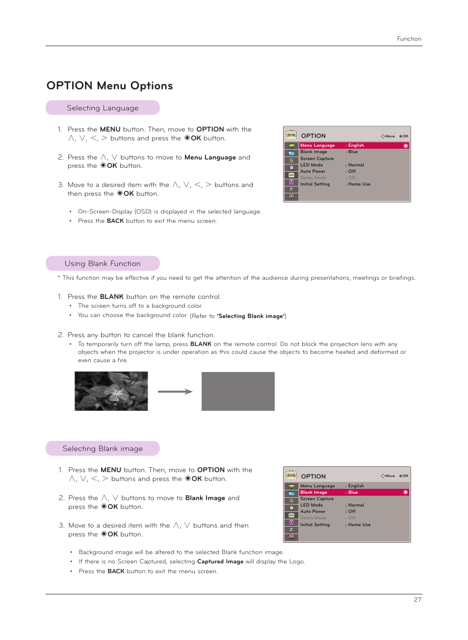 Option menu options, Selecting language, Using blank function | Selecting blank image | LG HX301G User Manual | Page 27 / 44