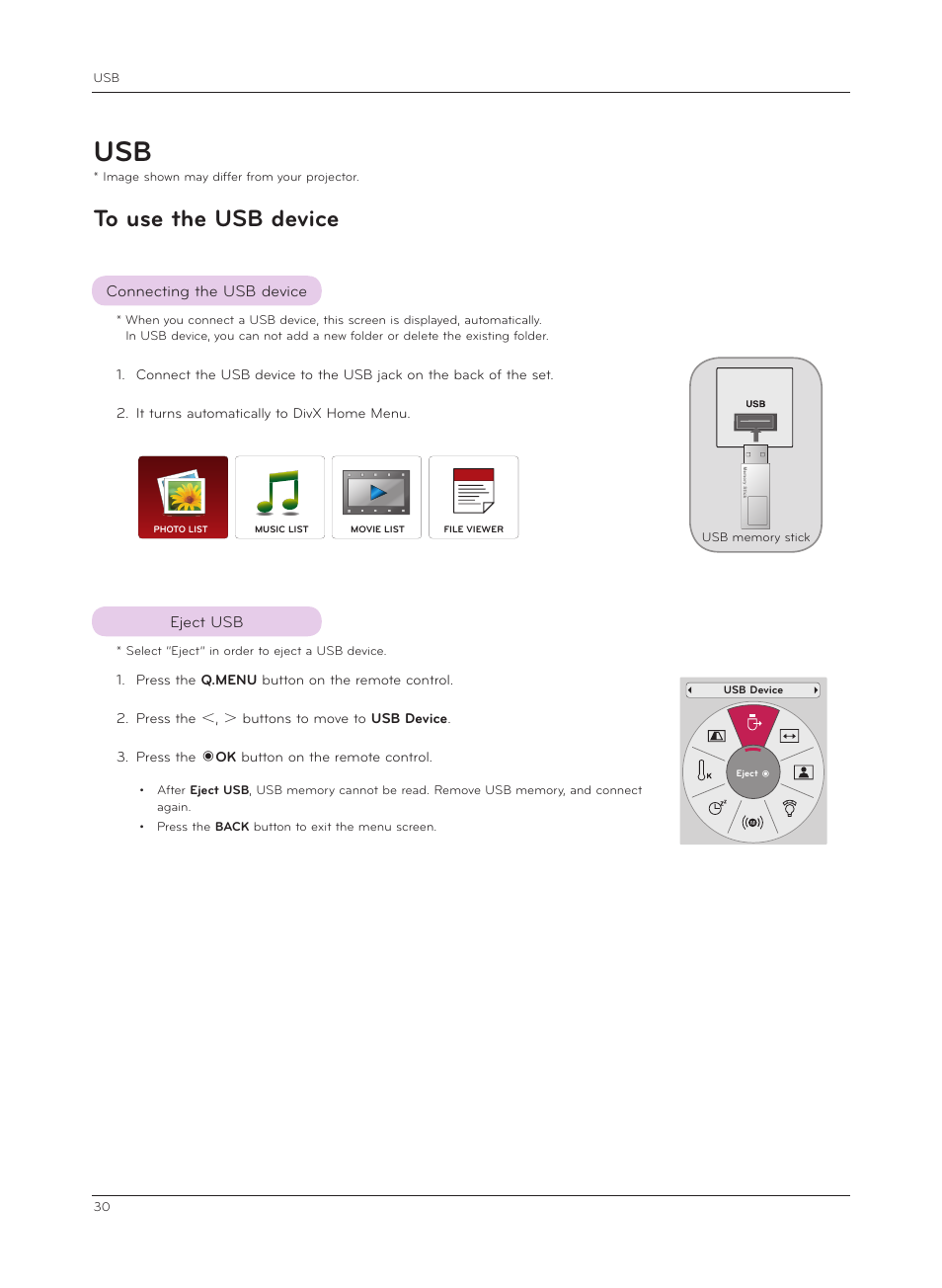 To use the usb device, Connecting the usb device, Eject usb | LG HX301G User Manual | Page 30 / 44
