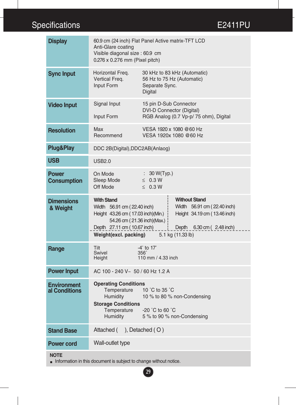 E2411pu, Specifications e2411pu | LG LCD MONITOR E2211PU User Manual | Page 30 / 34