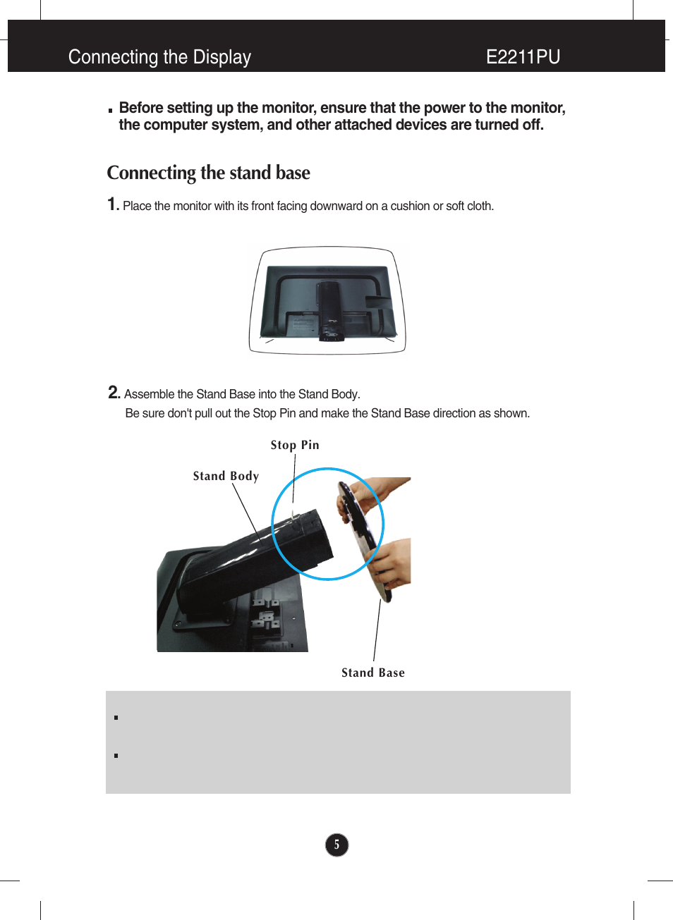 Connecting the display, Connecting the display e2211pu, Connecting the stand base | LG LCD MONITOR E2211PU User Manual | Page 6 / 34