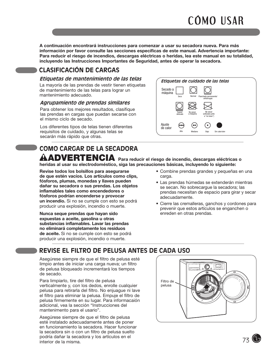 Wadvertencia, Como cargar de la secadora, Clasificación de cargas | Revise el filtro de pelusa antes de cada uso | LG DX0002TM User Manual | Page 73 / 144