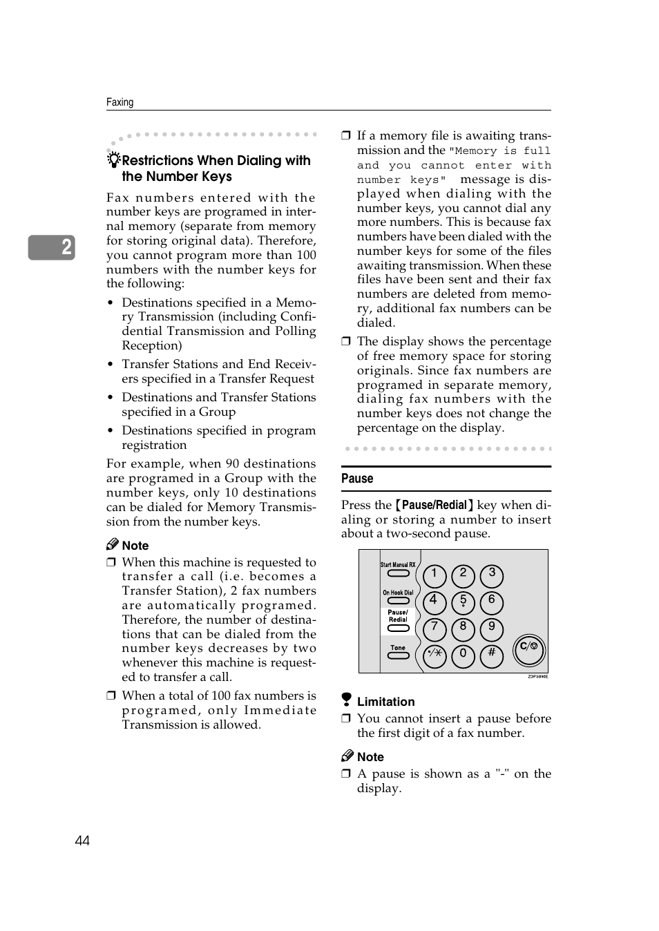 P.44 “pause, P.44 “restrictions, When dialing with the number keys | LG Option Type 1045 User Manual | Page 52 / 89