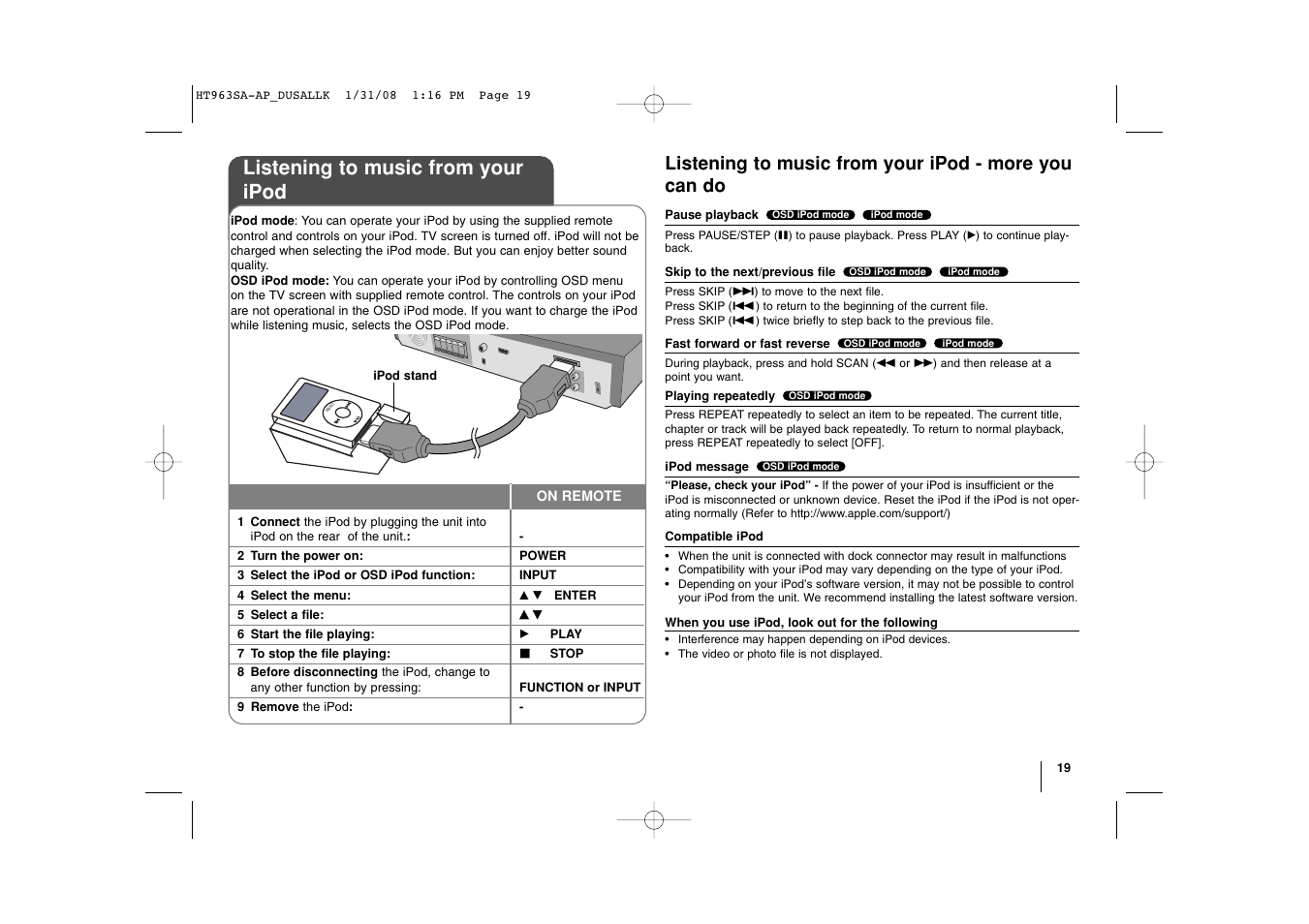 Listening to music from your ipod | LG LHT854 User Manual | Page 19 / 25