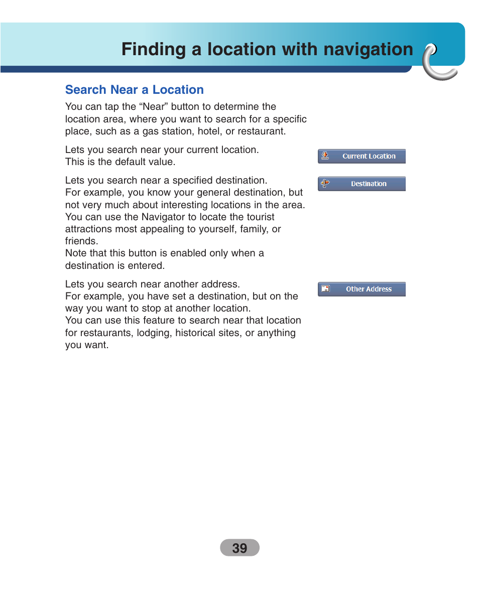 Search near a location, Finding a location with navigation | LG LN500 Series User Manual | Page 39 / 72