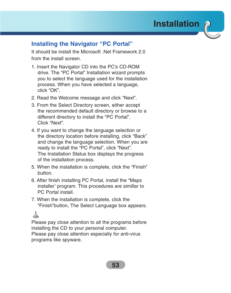 Installation, Installing the navigator “pc portal | LG LN500 Series User Manual | Page 53 / 72