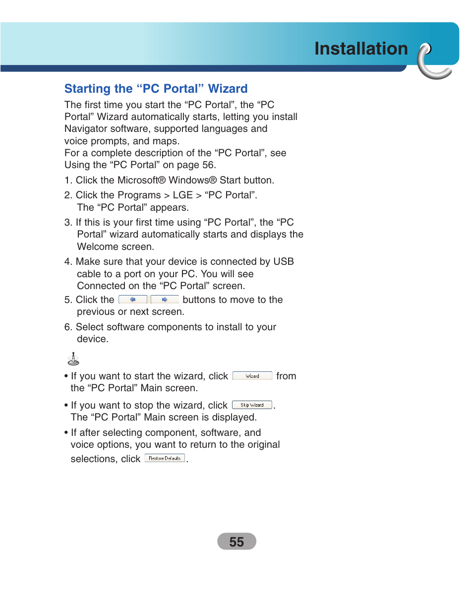 Starting the “pc portal” wizard, Installation | LG LN500 Series User Manual | Page 55 / 72