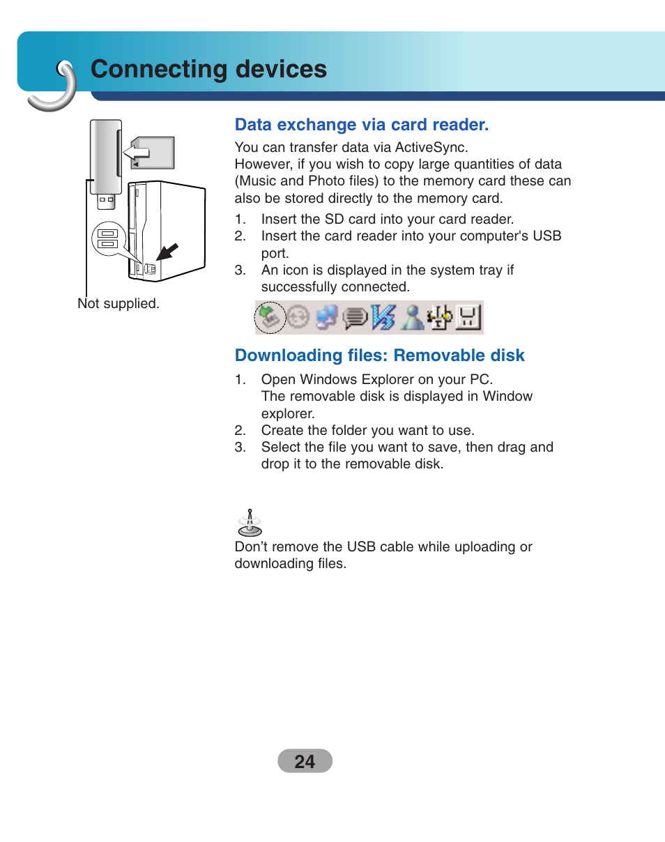 Data exchange via card reader, Downloading files: removable disk, Connecting devices | LG LN730Series User Manual | Page 24 / 76