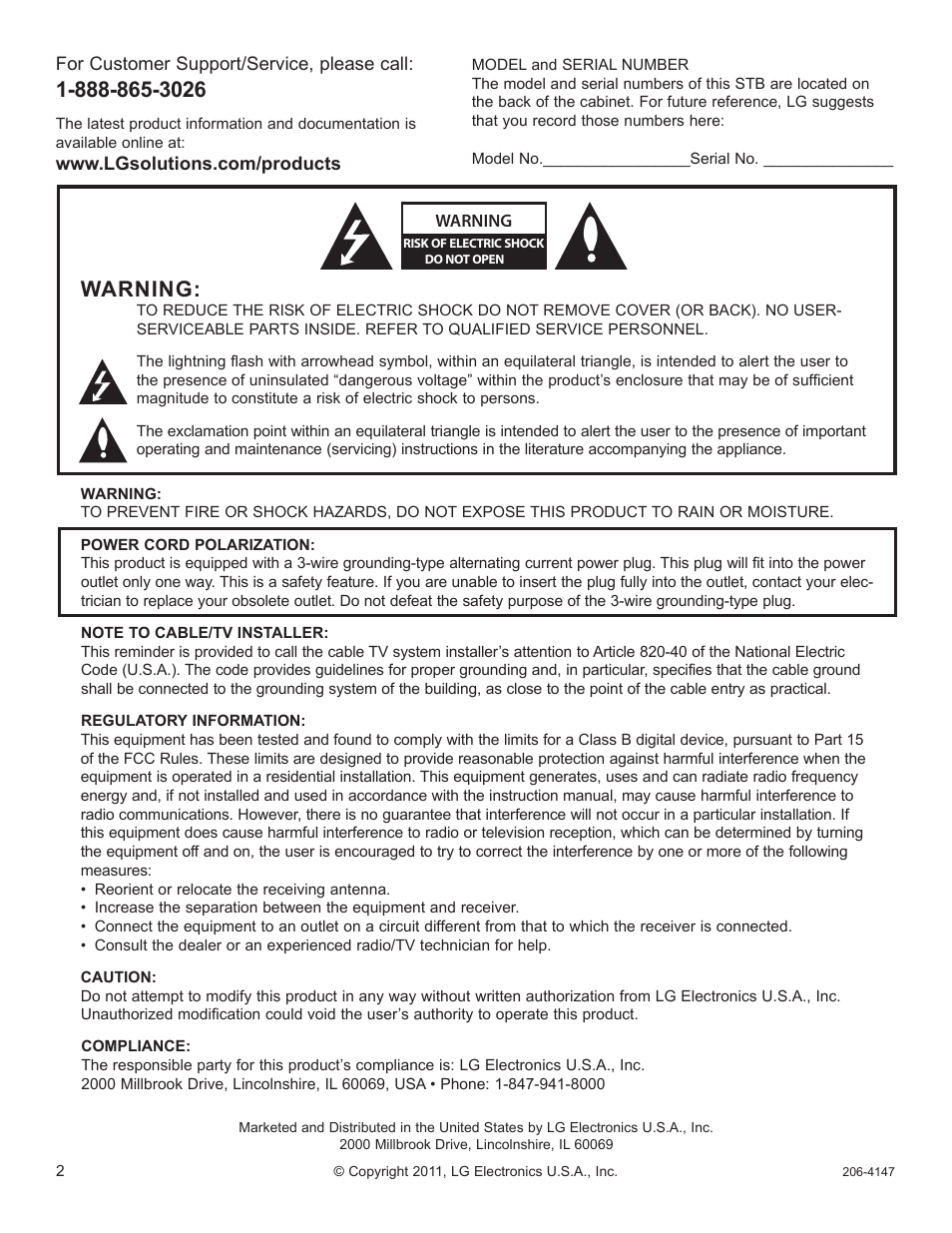 Warning | LG STB1000 User Manual | Page 2 / 86