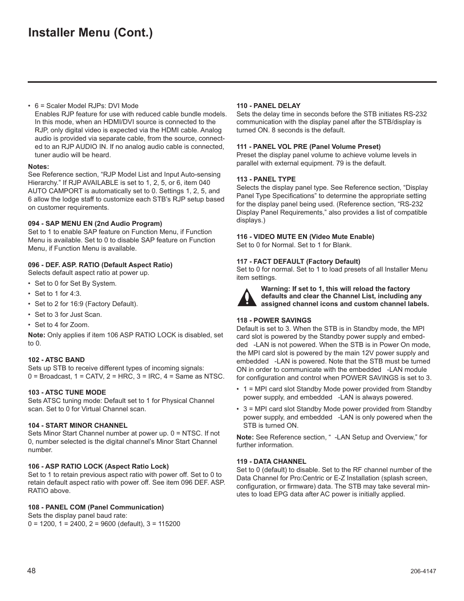 Installer menu (cont.) | LG STB1000 User Manual | Page 48 / 86