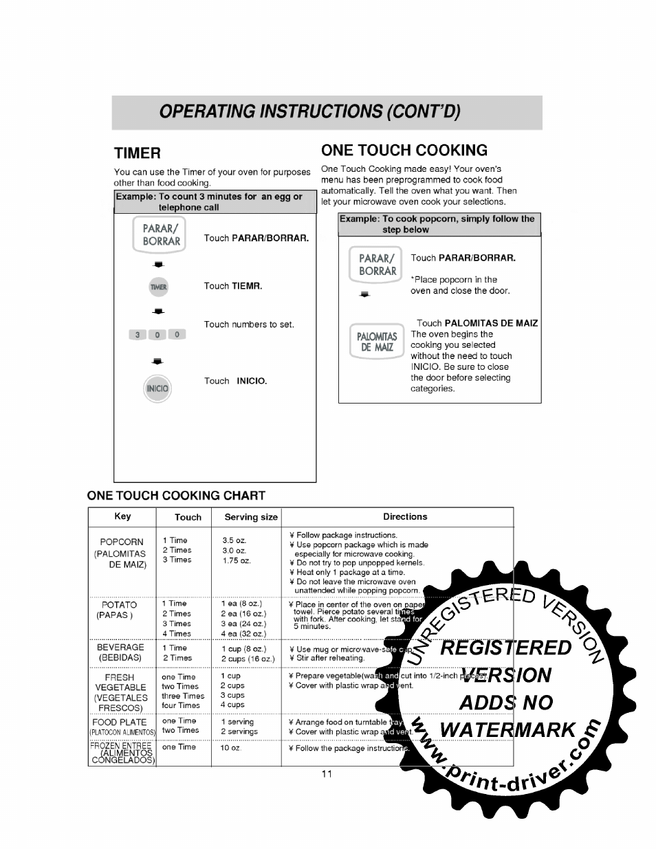 Timer, One touch cooking, One touch cooking chart | Operating instructions (contv) | LG MS-0745V User Manual | Page 11 / 19
