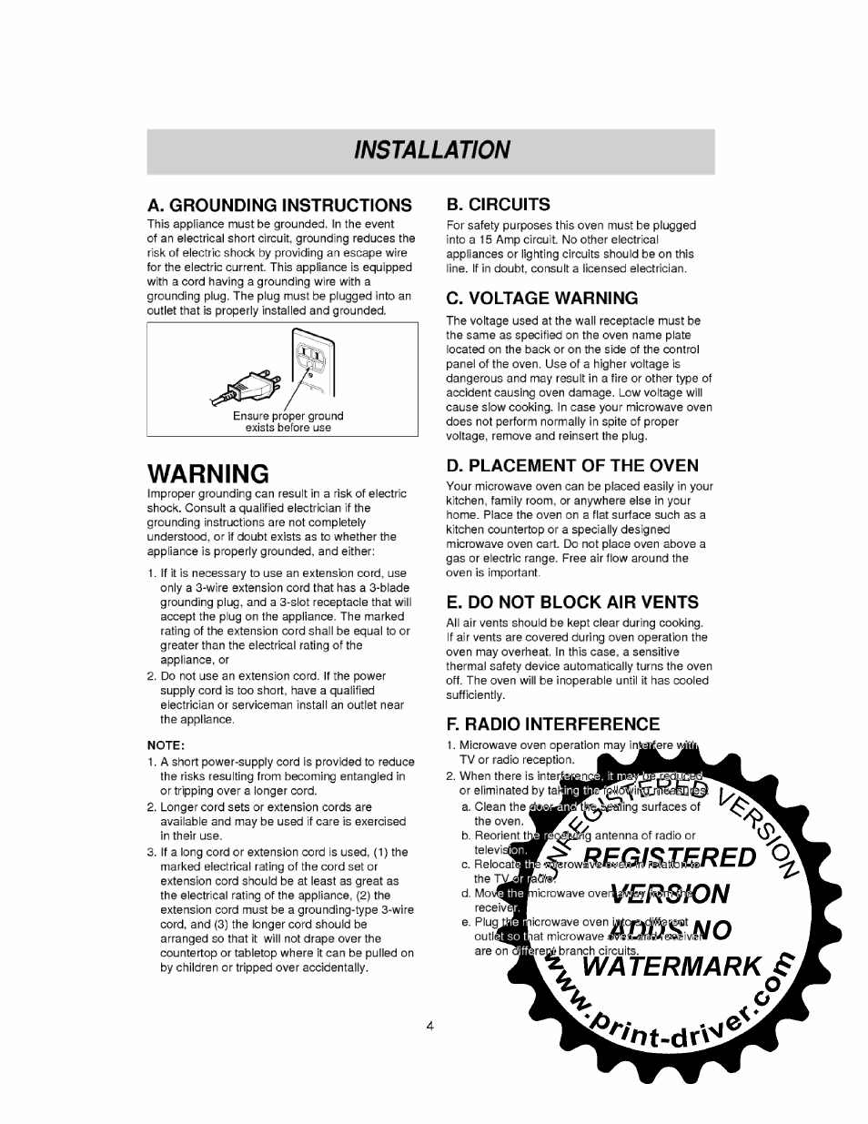 A. grounding instructions, B. circuits, C. voltage warning | D. placement of the oven, E. do not block air vents, F. radio interference, Watermark si, Warning, Installation | LG MS-0745V User Manual | Page 4 / 19
