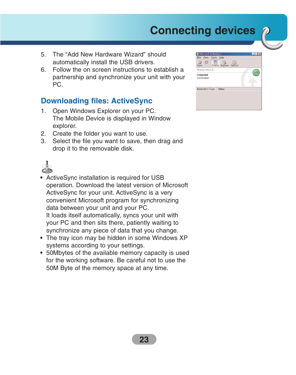 Downloading files: activesync, Connecting devices | LG LN735 Series User Manual | Page 23 / 76