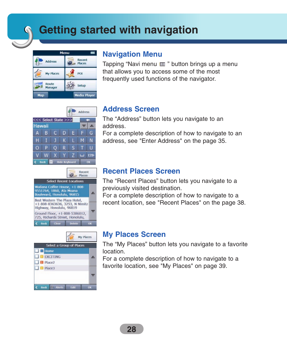 Getting started with navigation, Navigation menu, Address screen | Recent places screen, My places screen | LG LN735 Series User Manual | Page 28 / 76
