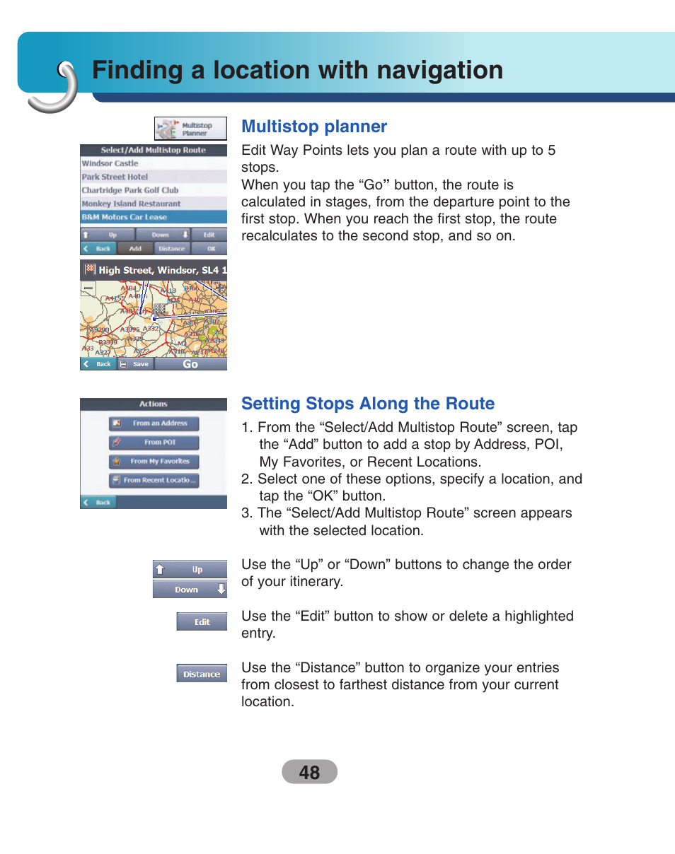 Multistop planner, Setting stops along the route, Finding a location with navigation | LG LN735 Series User Manual | Page 48 / 76
