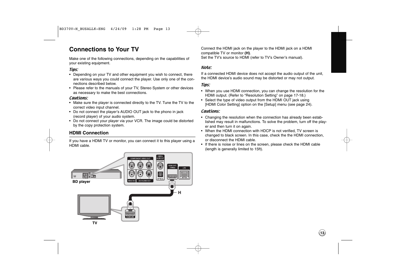 Connections to your tv | LG BD-370 User Manual | Page 13 / 56