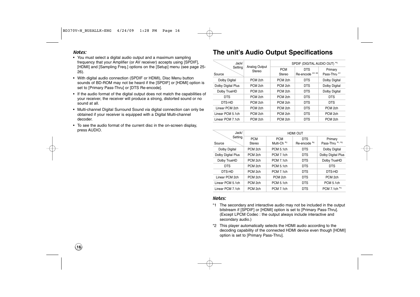 The unit’s audio output specifications | LG BD-370 User Manual | Page 16 / 56