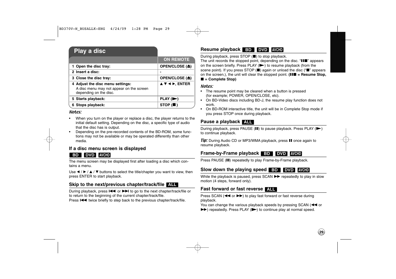 Play a disc | LG BD-370 User Manual | Page 29 / 56