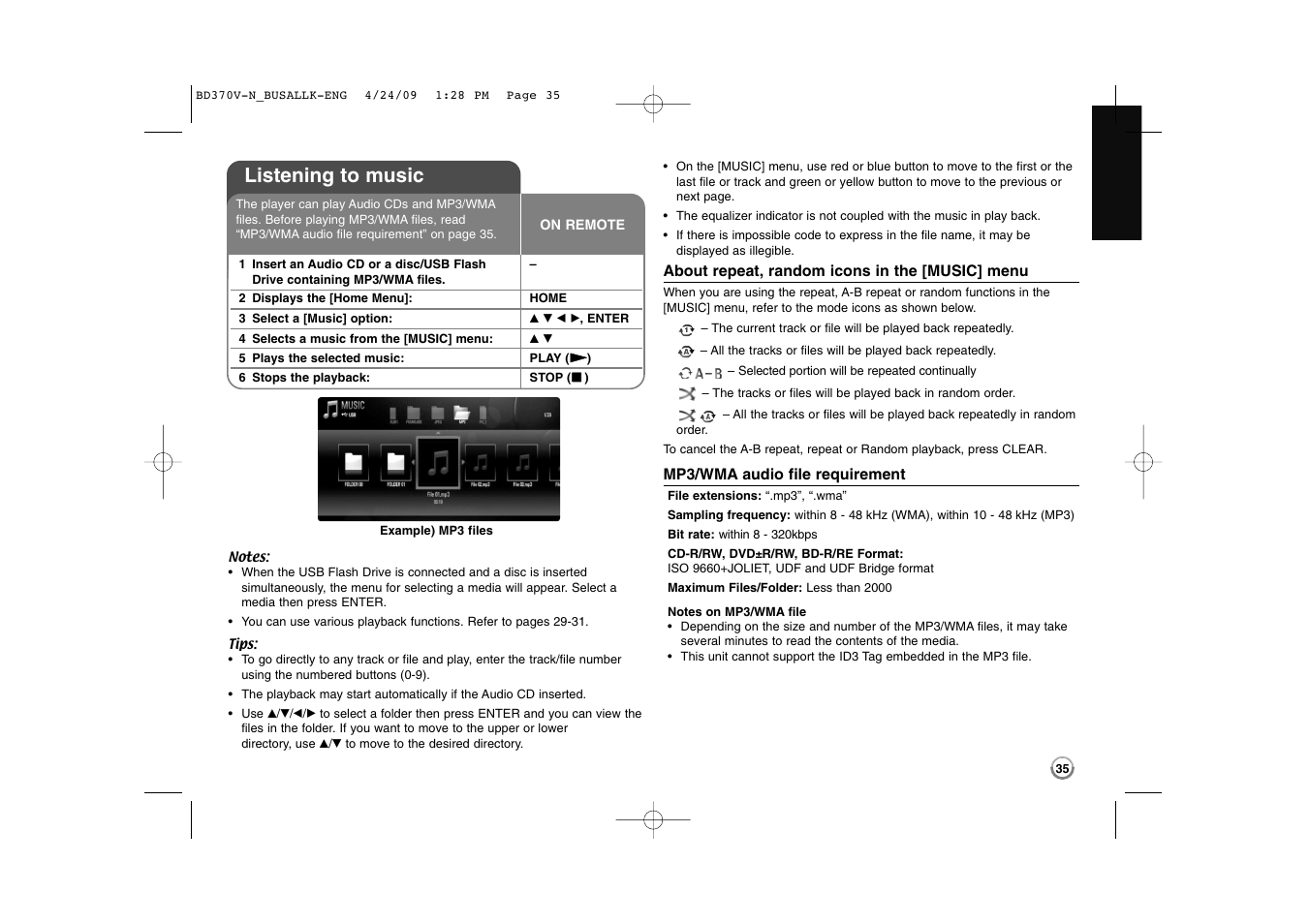 Listening to music | LG BD-370 User Manual | Page 35 / 56