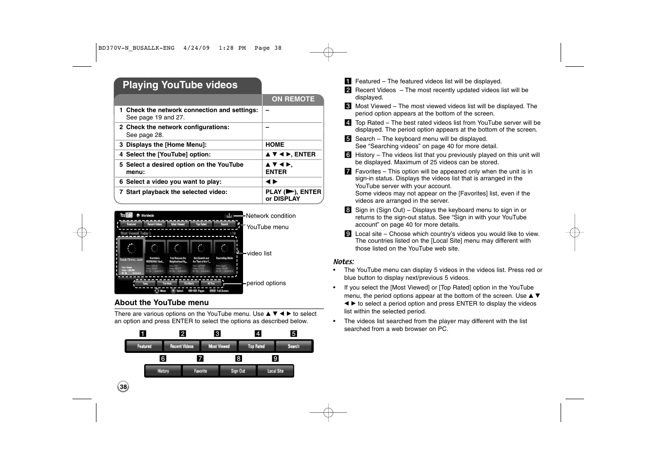 Playing youtube videos | LG BD-370 User Manual | Page 38 / 56