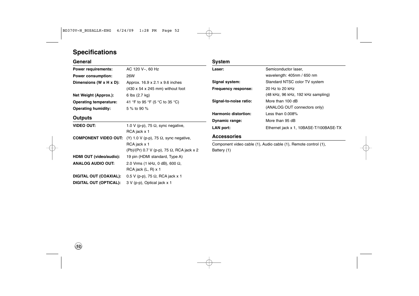 Specifications | LG BD-370 User Manual | Page 52 / 56