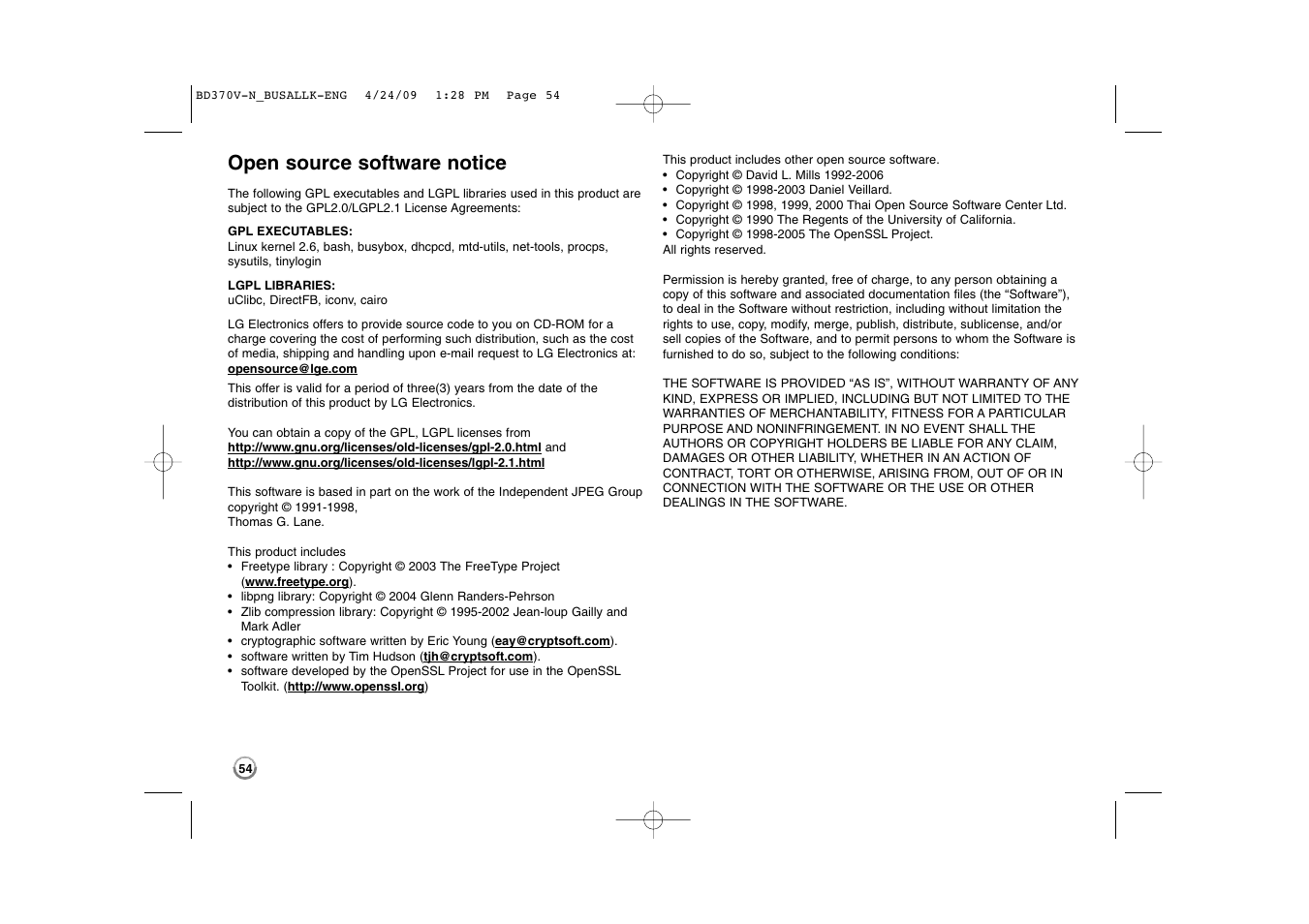 Open source software notice | LG BD-370 User Manual | Page 54 / 56