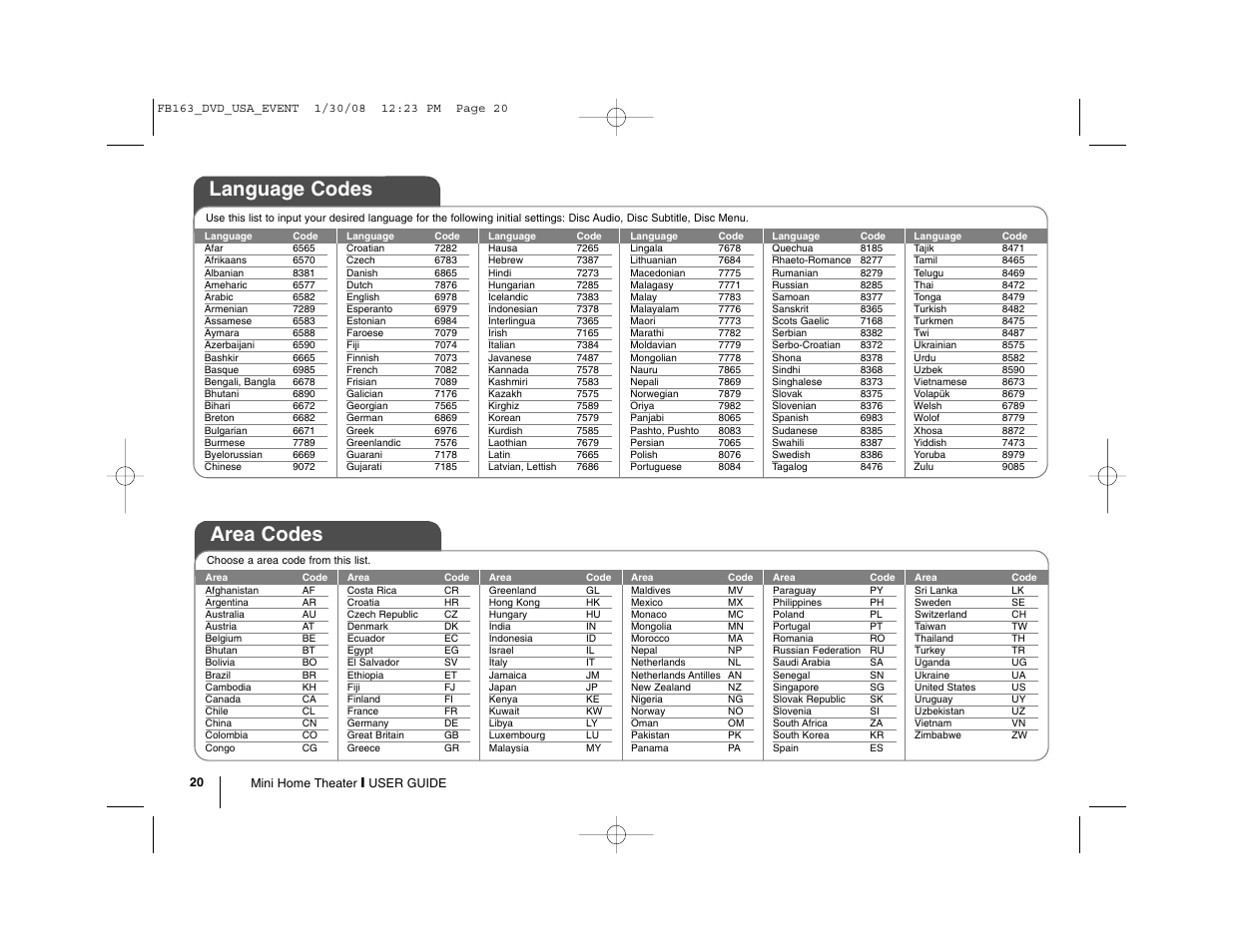 Language codes, Area codes | LG LFD850 User Manual | Page 20 / 24