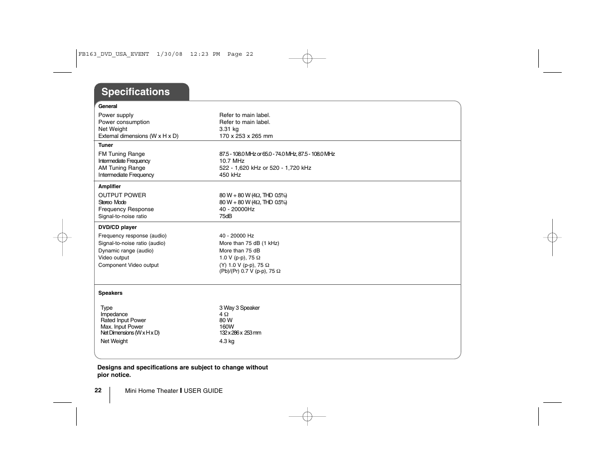 Specifications | LG LFD850 User Manual | Page 22 / 24