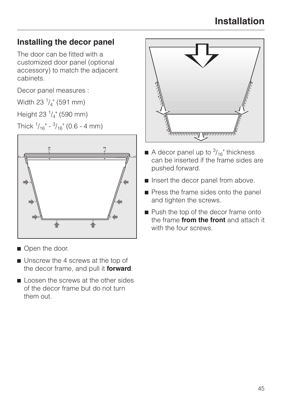 Installing the decor panel 45, Installation, Installing the decor panel | LG Washer W1119 User Manual | Page 49 / 60