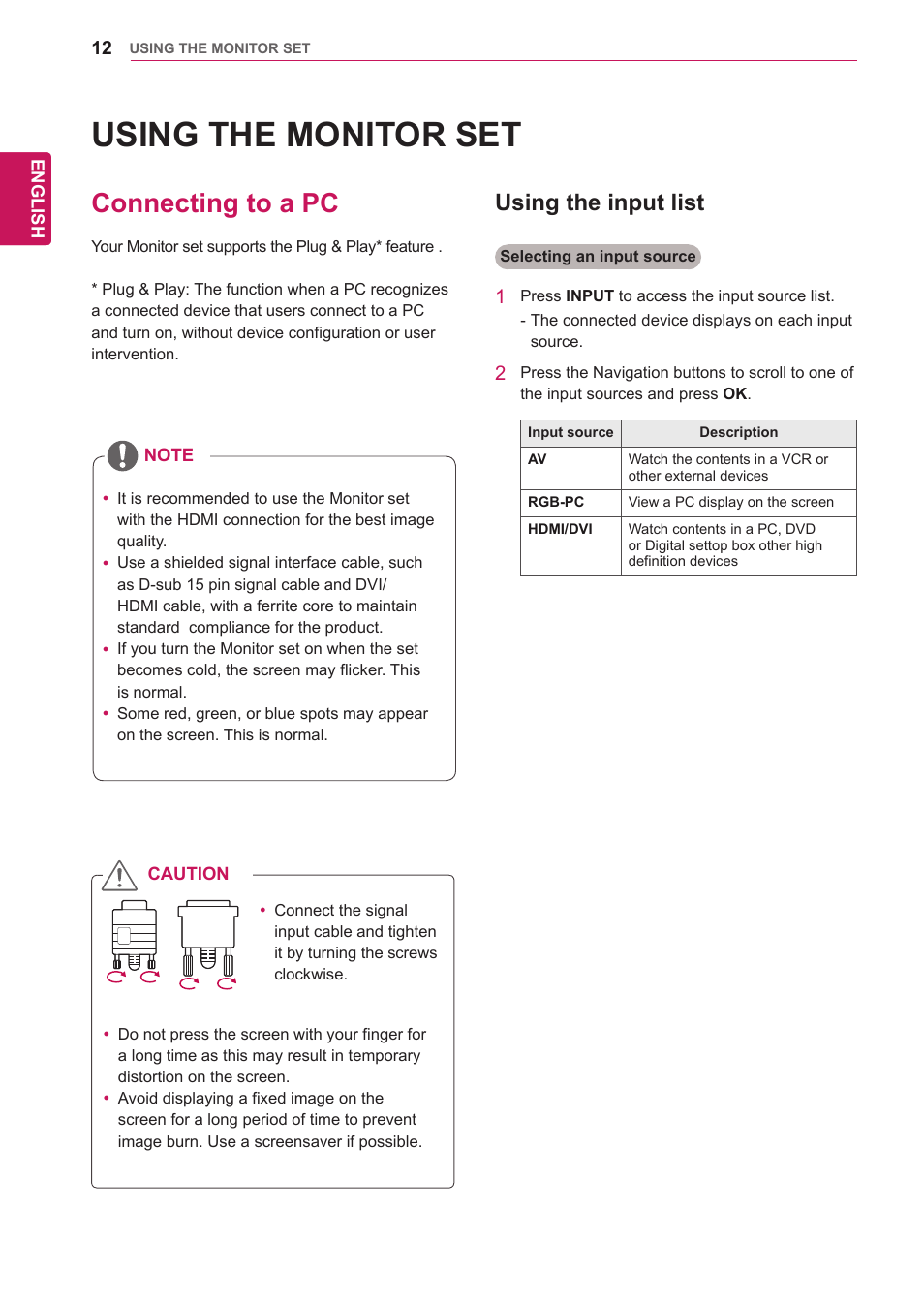 Using the monitor set, Connecting to a pc, Using the input list | 12 connecting to a pc 12 | LG 47VL10 User Manual | Page 12 / 48