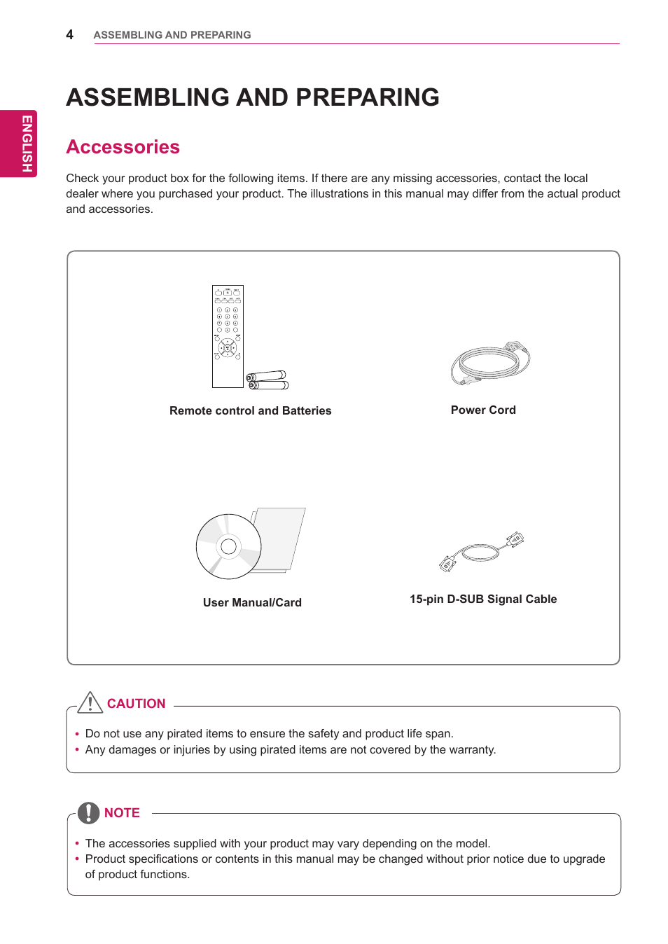 Assembling and preparing, Accessories, Assembling and | Preparing | LG 47VL10 User Manual | Page 4 / 48