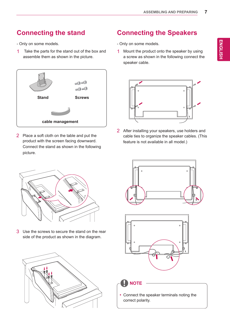 Connecting the stand, Connecting the speakers | LG 47VL10 User Manual | Page 7 / 48