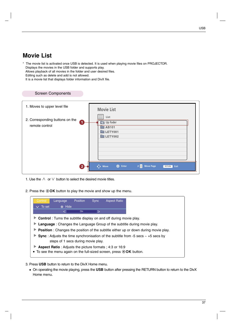 Movie list | LG HS102G User Manual | Page 37 / 42