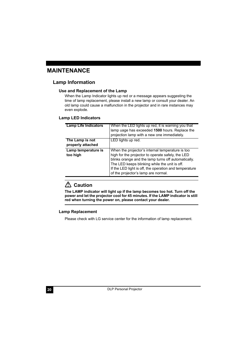 Maintenance, Lamp life indicators, The lamp is not properly attached | Lamp temperature is too high, Lamp information, Caution | LG RD-JT41 800X600 SVGA User Manual | Page 24 / 30
