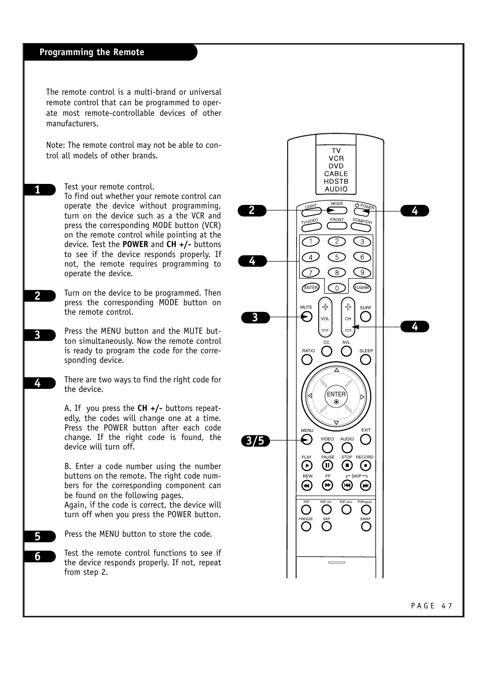 Programming the remote | LG RU-48SZ40 User Manual | Page 47 / 60