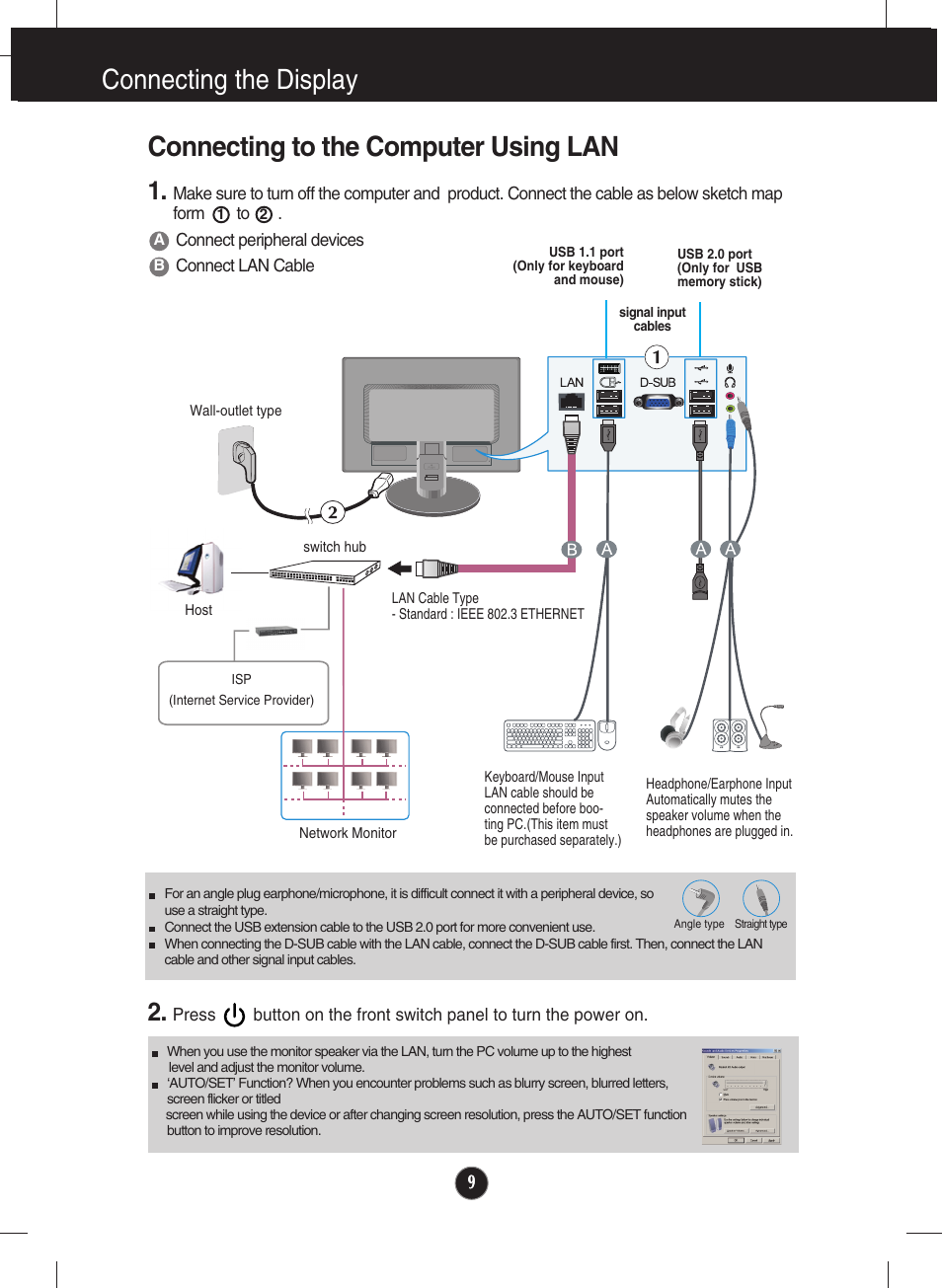 Using the network monitor, Connecting to the computer using lan, Connecting the display | LG Network Monitor N194WA User Manual | Page 11 / 30
