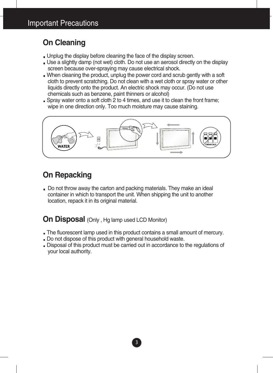 On cleaning, On repacking, On disposal | Important precautions on cleaning | LG Network Monitor N194WA User Manual | Page 5 / 30