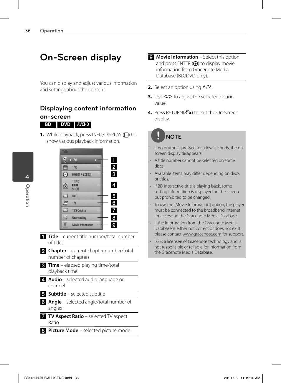 On-screen display, Displaying content information on-screen | LG BD550 User Manual | Page 36 / 84
