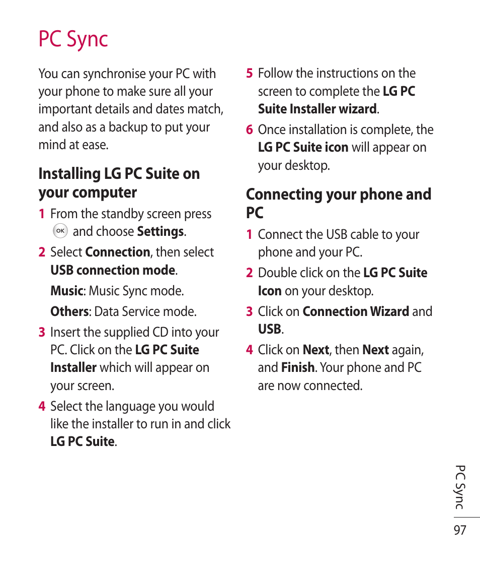 Pc sync, Installing lg pc suite on your computer, Connecting your phone and pc | LG TE365 User Manual | Page 101 / 107