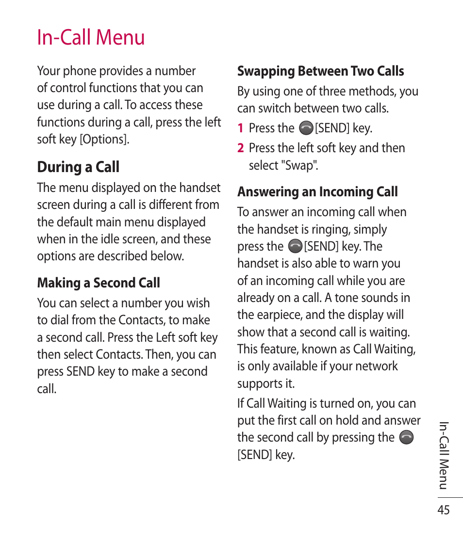 In-call menu, During a call | LG TE365 User Manual | Page 49 / 107