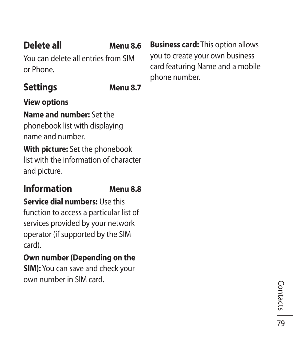 Delete all, Settings, Information | LG TE365 User Manual | Page 83 / 107