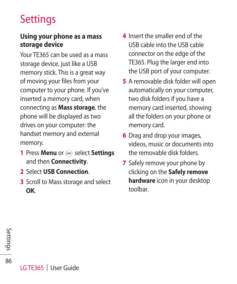 Settings | LG TE365 User Manual | Page 90 / 107
